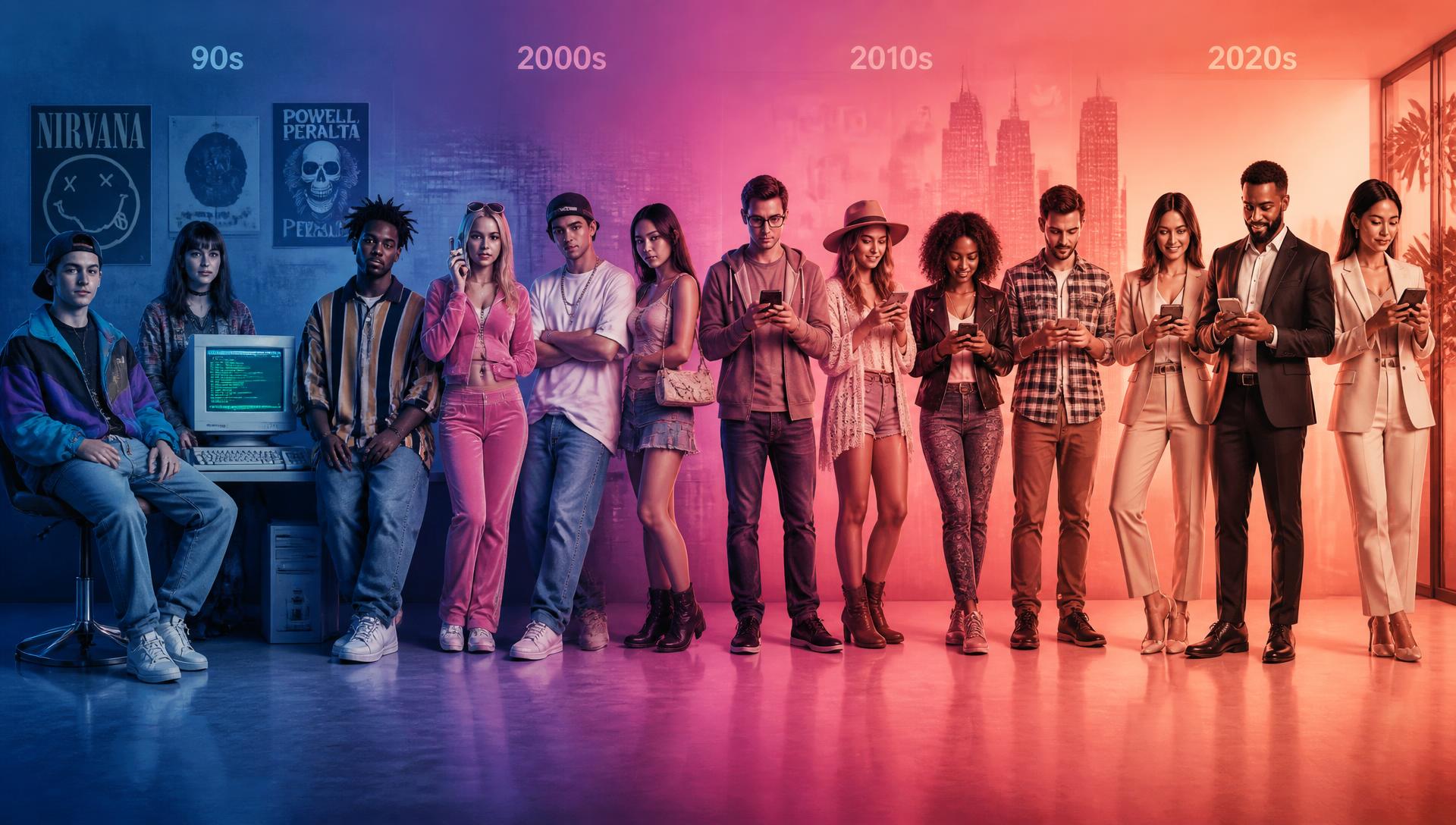 A lineup of people showing style and technology progressing from the 1990s to today